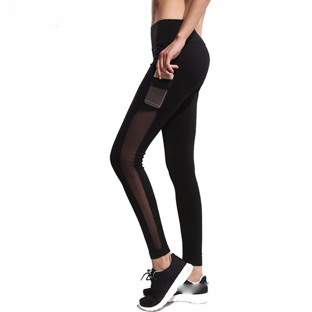 Women Long Pants Ladies Side Pocket Tight Running Leggings with Sexy Side Panel